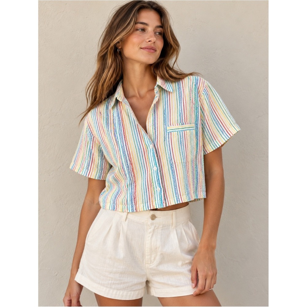Nasty Gal Rainbow Stripe Cropped Shirt Boxy Relaxed Button Up Retro Preppy Sz 2